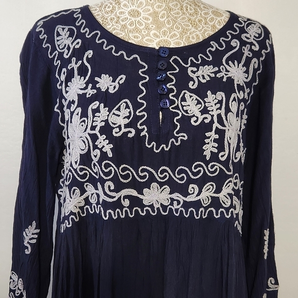 Exist Dress Tunic Blue Floral Embroidered Pullover Baby Doll Women Size M Boho - Picture 3 of 16